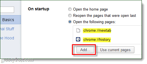 Chrome başlangıç ​​Açmak için sayfa ekleyin