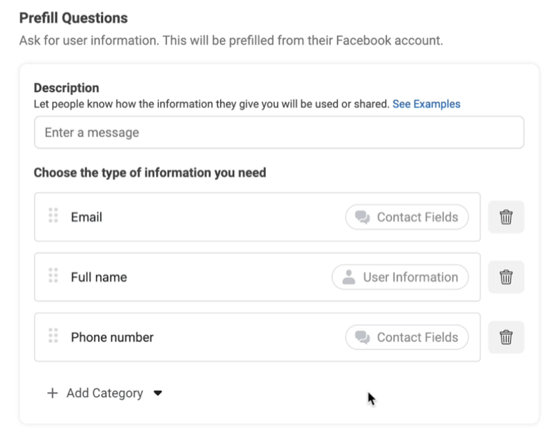 facebook lider reklamları, e-posta, tam ad ve telefon numarası gibi örneklerle önceden doldurulmuş sorular eklemek için yeni potansiyel müşteri formu seçeneği oluşturur