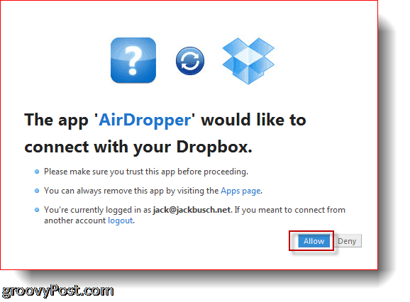 AirDropper Dropbox - uygulamayı Dropbox'a bağlayın