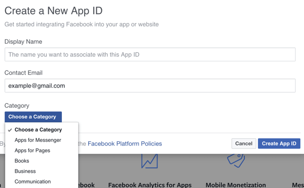 Yeni Facebook uygulamanızın ayrıntılarını doldurun.