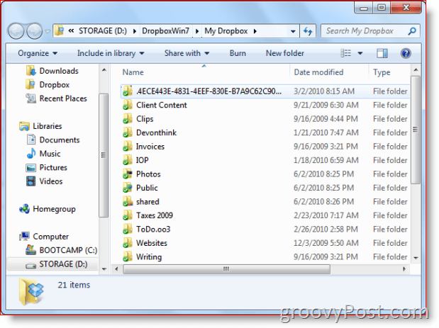 Windows 7 View'daki Dropbox klasörü