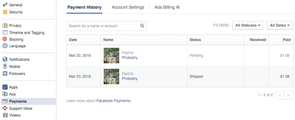 müşteriler siparişleri facebook ayarlarının ödemeler bölümünde görüntüler