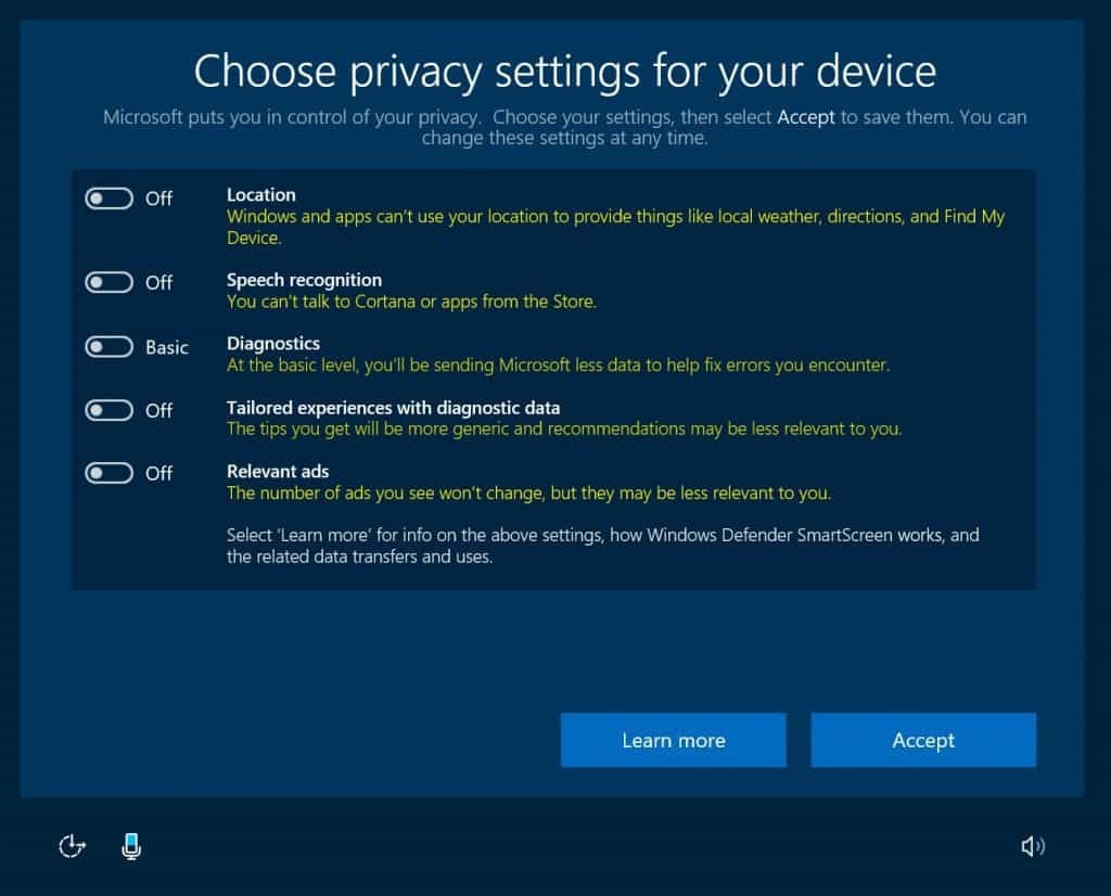 Windows 10, Gizlilik, İçerik Oluşturucu Güncellemesi, OOBE