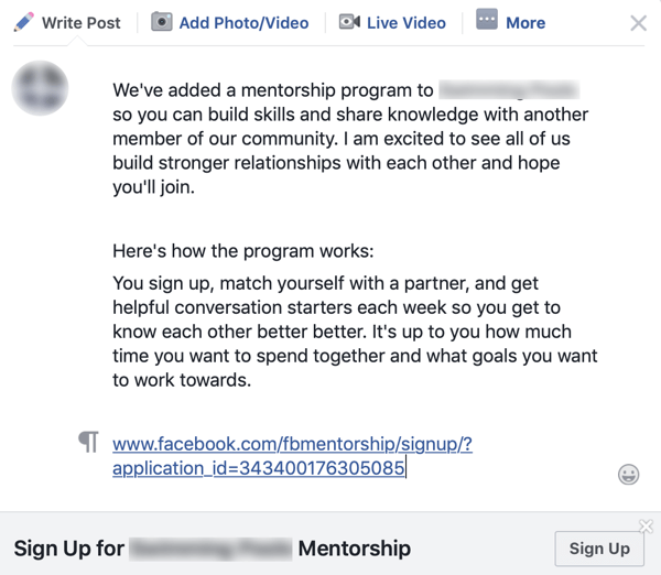 Facebook grup topluluğunuzu nasıl geliştirebilirsiniz, bir Facebook mentorluk programı için bir grup duyurusu örneği