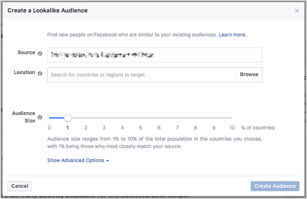 Facebook'a benzer kitle boyutunu ayarlayın. Kitleyi oluşturduğunuzda görünen bir kaydırıcıyla boyutu kontrol edebilirsiniz.