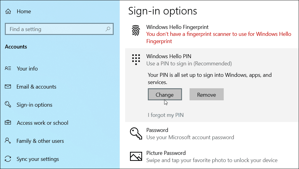 değiştir PIN ekle Windows 10