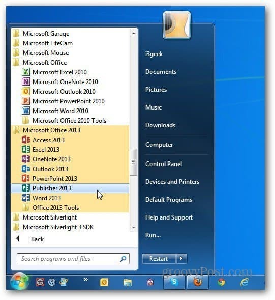 her iki sürümde Office Start Windows 7