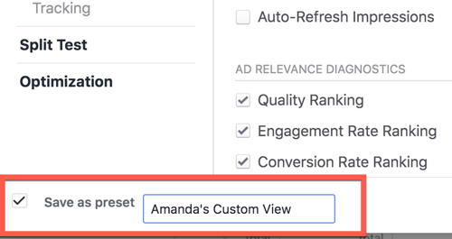 Facebook Ads Manager'da özel bir rapor görünümü kaydetme.