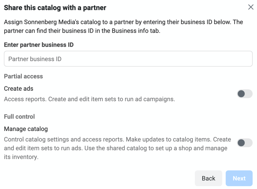Meta Business Manager'da Bu Kataloğu Bir Ortakla Paylaş ekranının görüntüsü