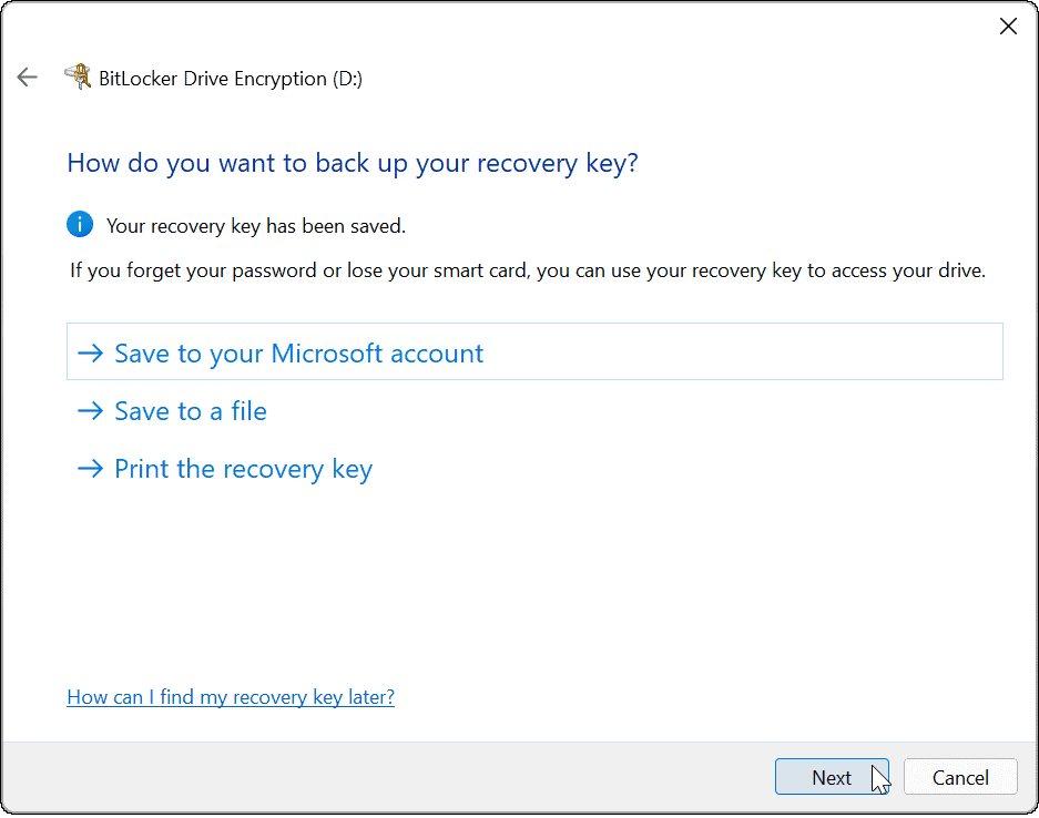 Windows 11 kurtarma anahtarına gitmek için bitlocker kullanın