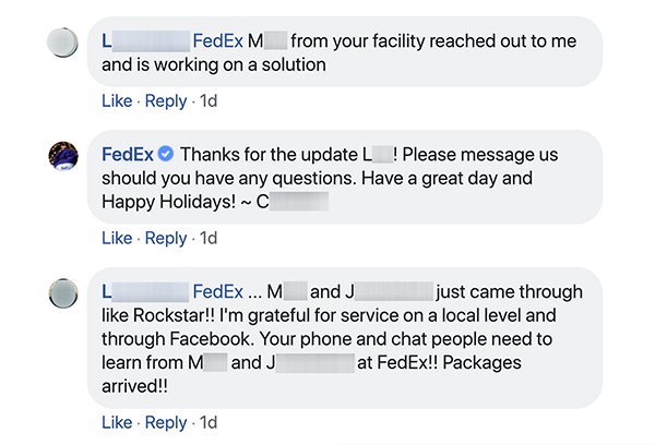 Bu, FedEx ile bir müşteri arasındaki Facebook konuşmasının ekran görüntüsüdür. Müşteri, müşteri hizmetlerine birisinin kendisine ulaştığını ve bir sorunla ilgili yardım ettiğini söyler. Müşteri hizmetleri temsilcisi müşteriye teşekkür eder ve soruları olması durumunda iletişimde kalmalarını teşvik eder. Müşteri daha sonra yerel ve Facebook müşteri hizmetleri çalışanlarının rock yıldızları olduğu cevabını verir. Shep Hyken, harika sosyal müşteri hizmetinin insanları marka savunucularına dönüştürebileceğini belirtiyor.