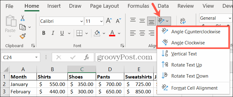 Metni döndürmek için Excel'de bir yönlendirme açısı seçin