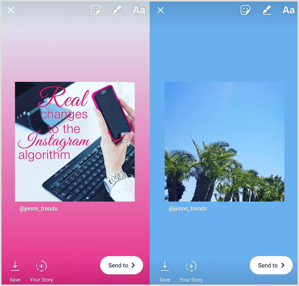 Instagram hikayenizde yeniden paylaşılan bir gönderi, orijinal gönderiyi, altındaki hesabın kullanıcı adıyla birlikte kare bir resim olarak gösterir.