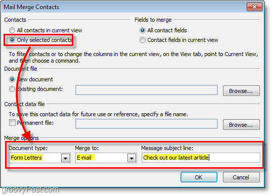Outlook 2010 ekran görüntüsü - adres mektup birleştirme kişileri altında seçeneklerin doğru olduğundan emin olun