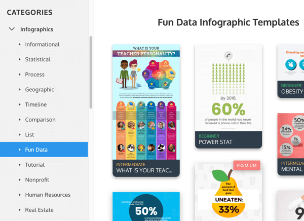 Eğlence Verileri altındaki Venngage infografik kategorilerine örnekler.