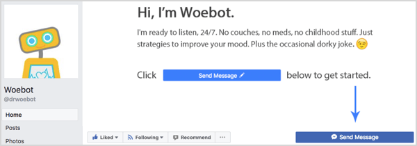 Woebot Facebook sayfasındaki Mesaj Gönder düğmesi.
