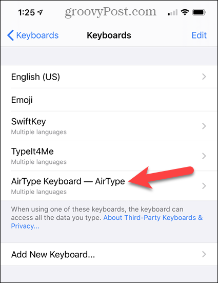 İPhone Klavyeleri listesinden AirType Klavyesi'ne dokunun