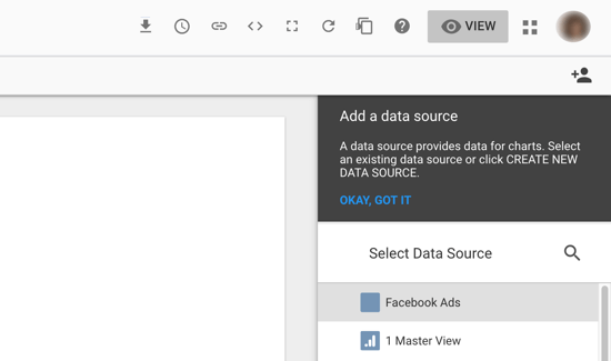 Facebook reklamlarınızı analiz etmek için Google Data Studio'yu kullanın, 7. adım, veri kaynağınızı Facebook Reklamları bağlayıcınız olarak seçme seçeneği