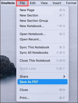 PDF olarak kaydet OneNote Mac