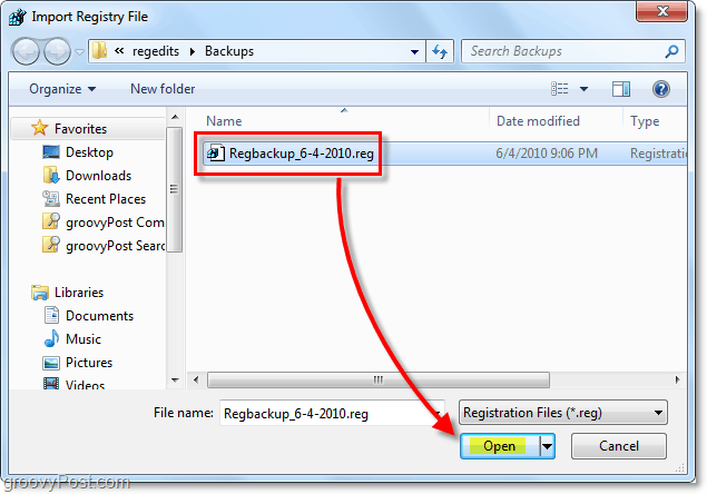 Windows 7 ve Vista'da kayıt defteri geri yükleme seçimi