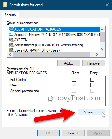 Windows Kayıt Defteri'ndeki İzinler iletişim kutusunda Gelişmiş'i tıklatın.
