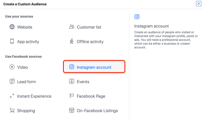 facebook reklam yöneticisi, instagram hesabı seçeneği vurgulanmış olarak özel bir kitle menüsü oluşturur