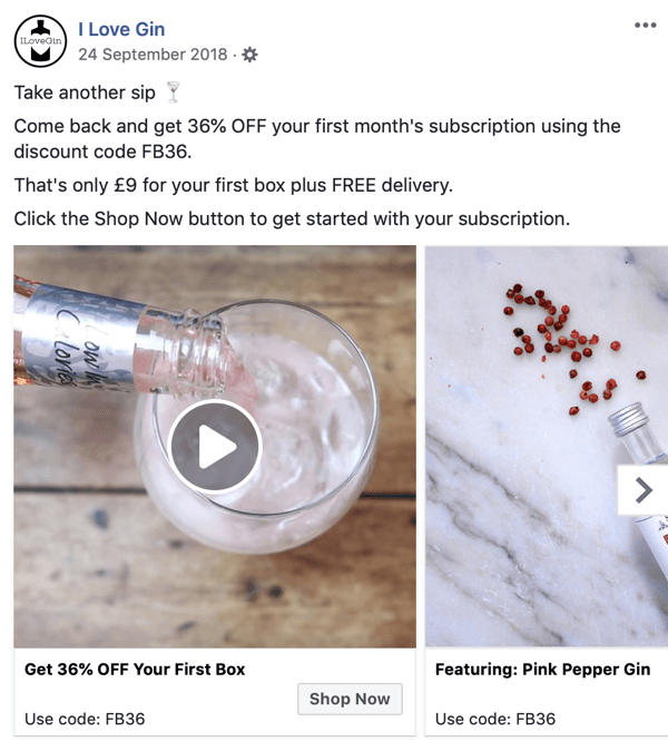 Facebook erişim reklamları nasıl oluşturulur, 8. adım, I Love Gin'in reklam öğesi örneği