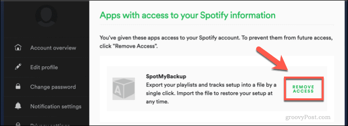 Spotify'a SpotMyBackup erişimini iptal etme