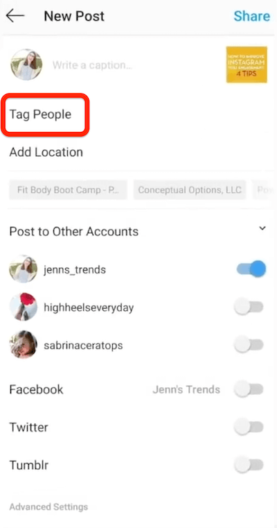 insanları etiketlemek için instagram yeni gönderi seçeneği