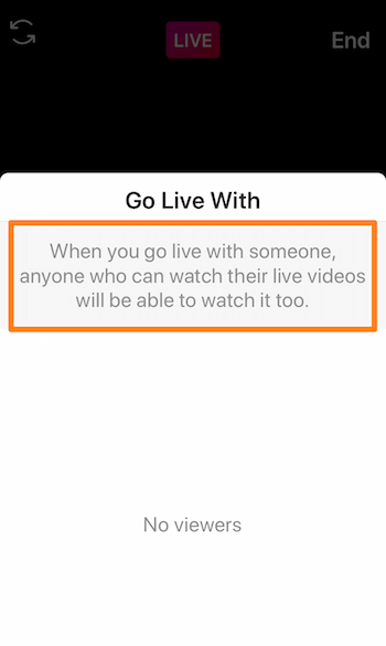 Mesajı gösteren Instagram Live'ın ekran görüntüsü, Biriyle canlı yayına girdiğinizde, canlı videolarını izleyebilen herkes de izleyebilecek.