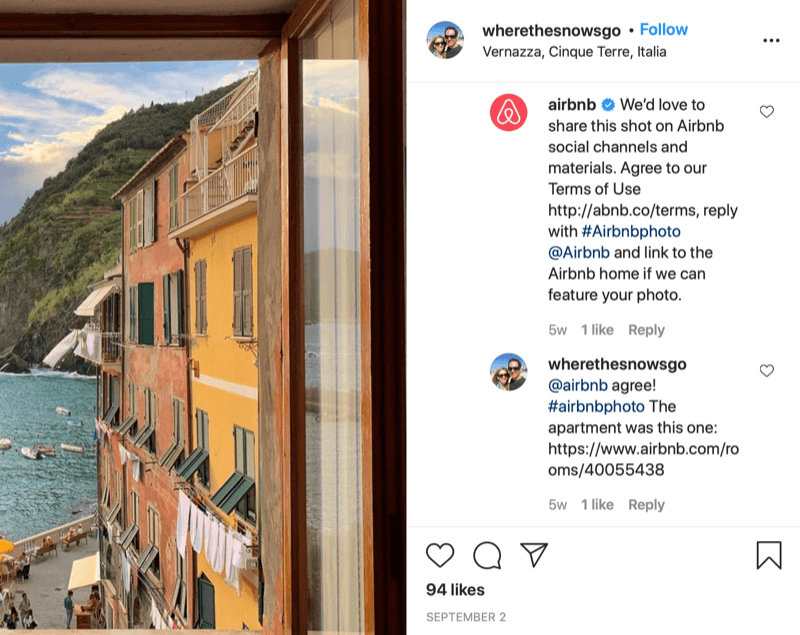 airbnb ile @wherethesnowsgo ve @airbnb arasında instagram yazılı repost izni örneği nasıl onay verileceğine ilişkin fotoğraf ve bilgiler ve @wherethesnowsgo'nun yeniden paylaşımına yetki veren yanıtı resim
