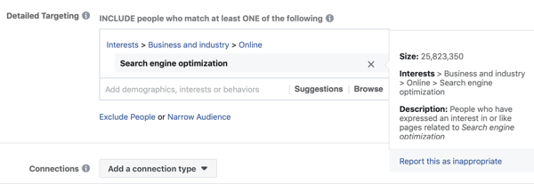 İlgi alanı Arama Motoru Optimizasyonu için standart Facebook hedeflemesi örneği, 25 milyonda çok büyük bir kitleye neden olur.