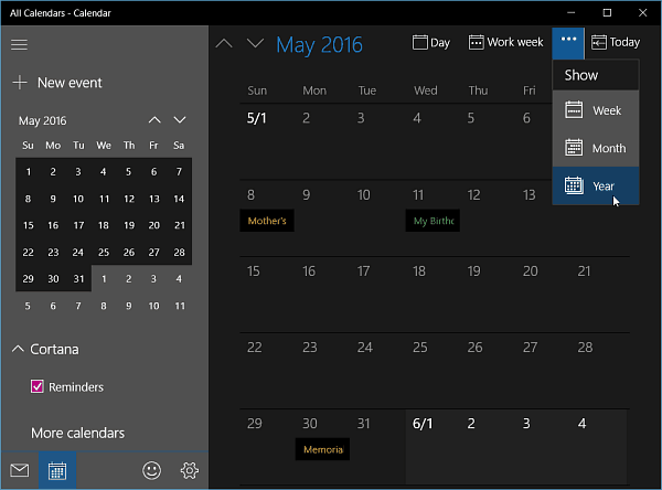 Windows 10 Insider Build 11099 için Takvim Uygulaması Yıl Görünümü Alır
