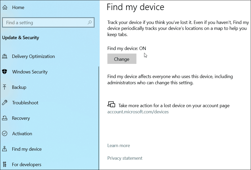 Cihazımı Bul Windows 10