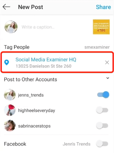 etiketleme için seçilen konumu gösteren instagram yeni gönderi seçeneği
