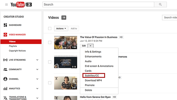 YouTube Video Yöneticisi'ne girdikten sonra, altyazı eklemek istediğiniz videonun yanındaki Düzenle açılır menüsünden Altyazı seçeneğini belirleyin.