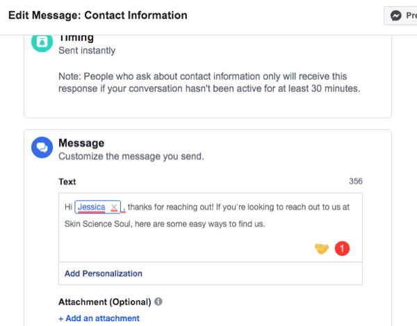 Facebook Messenger İletişim Bilgileri otomatik yanıtı için kurulum arayüzünün ekran görüntüsü