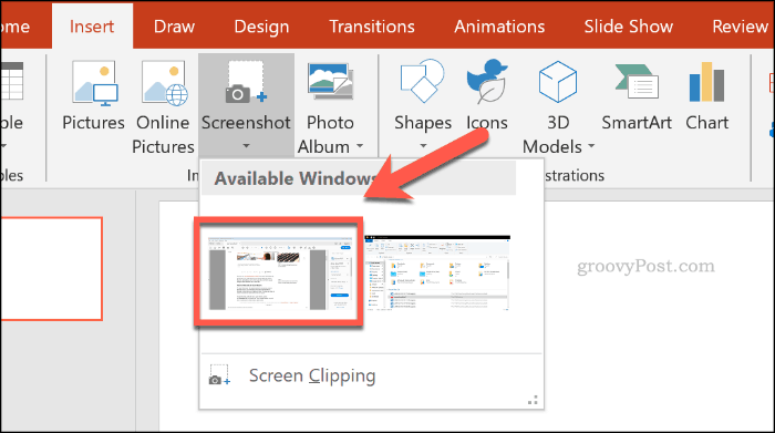 PowerPoint'te bir ekran görüntüsü penceresi seçme