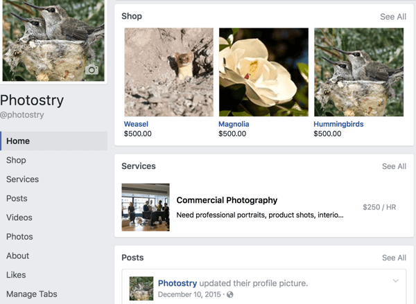 İlk olarak Mağaza ve Hizmetler sekmelerinizi konumlandırırsanız Facebook sayfa düzeni böyle görünür.