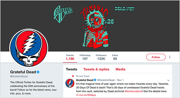 Bu, Grateful Dead Twitter sayfasının ekran görüntüsüdür. Kapak fotoğrafında siyah bir arka plan ve yarı iskelet ve yarı astronot olan bir kişinin kırmızı ve turkuaz bir resmi var. Profil fotoğrafı, yarı mavi yarı kırmızı bir daire olan Grateful Dead logosudur. Dairenin içinde beyaz bir kafatası var. Kafatasının beyni alanında, yarı kırmızı yarı mavi olan başka bir daire vardır ve beyaz şimşek, daireyi ikiye böler. Seth Godin, Grateful Dead konserlerinin pazarlama hakkındaki yeni kitabında tartıştığı güven ve gerilim ilkelerini yansıtan bir deneyim sunduğunu söylüyor.