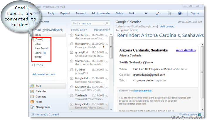 windows live mail için e-posta istemcisi, gmail etiketleri windows live mail klasörlerine dönüştürülür