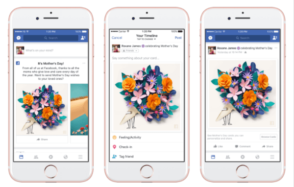 Facebook kişiselleştirilmiş kartlar, temalı maskeler ve çerçeveler Facebook Kamerasına ve Anneler Günü şerefine geçici bir "Şükran" tepkisi sundu.