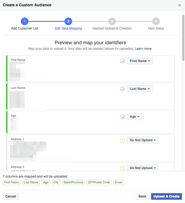 Facebook'un CSV dosyanızda algıladığı alanların Facebook'un anladığı kategorilerle doğru bir şekilde eşlendiğinden emin olun.