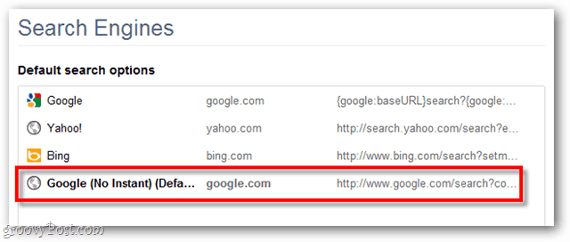 Google Chrome varsayılan arama seçenekleri