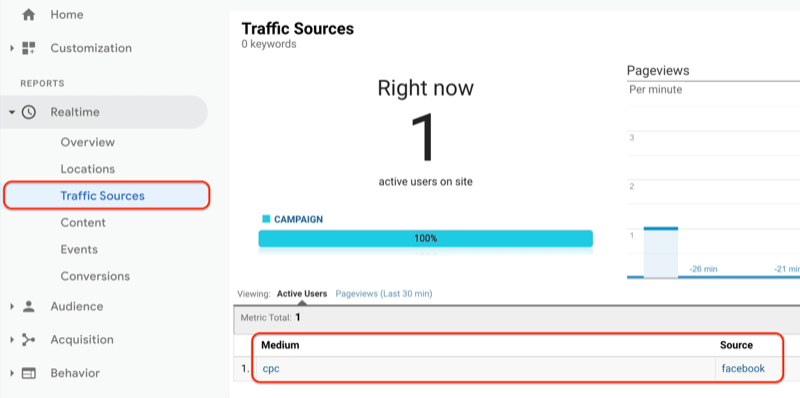 Trafik kaynakları raporunu gerçek zamanlı olarak gösteren google analytics menüsü ve yeni oluşturulan url'yi gösteren trafik kaynakları raporu, google analytics'te görülüyor ve kaydediliyor