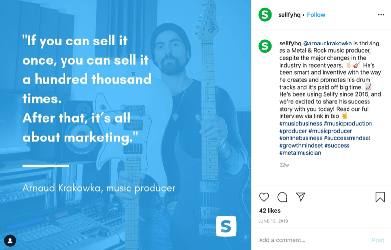 Sellfy Instagram hesabından müşteri alıntı grafiği