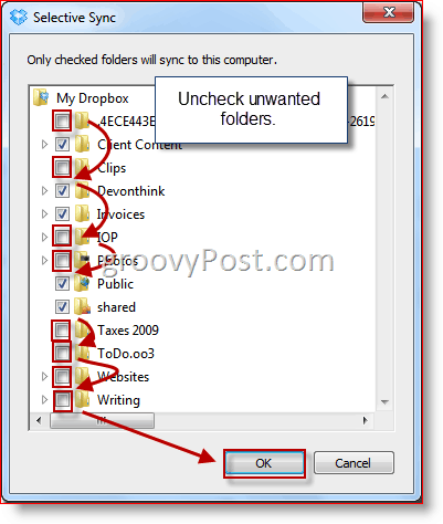 Windows Seçici Eşitleme Dropbox klasör seçimi