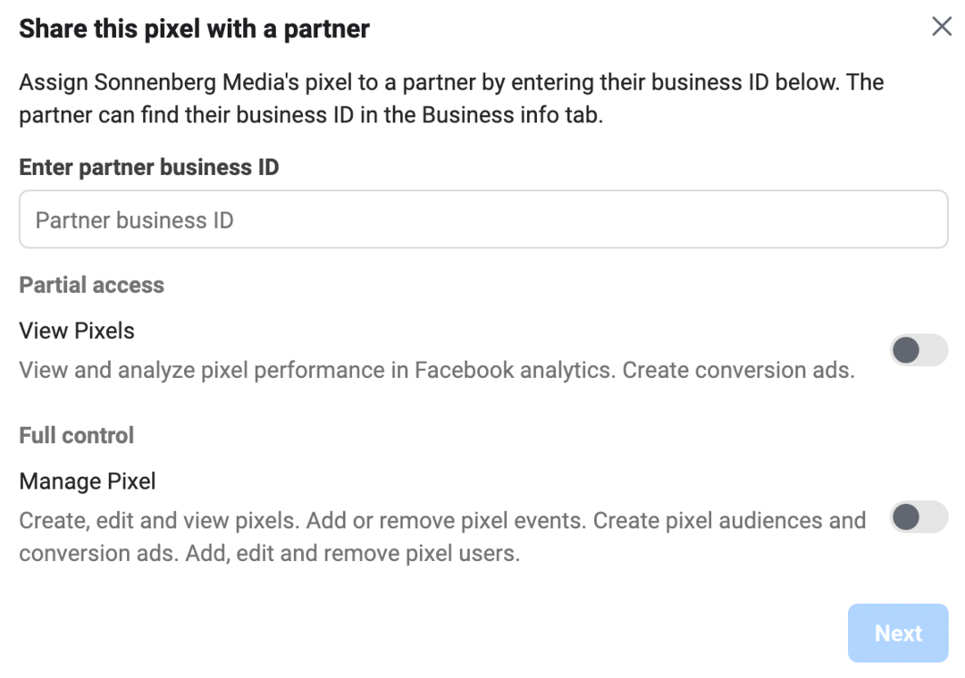 Meta Business Manager'da Bu Pikseli Bir İş Ortağıyla Paylaş ekranının görüntüsü