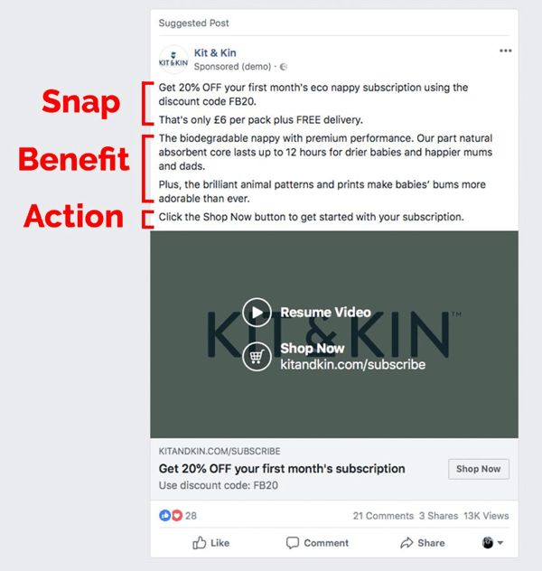 Facebook reklamı SBS kopyalama yöntemi örneği
