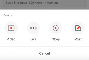 YouTube Hikaye Oluştur düğmesi.